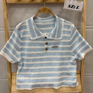Baby Blue White Stripe Ribbed Knit Polo Collar Crop Top Cute Preppy Summer Tee